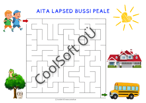 Labürindi tööleht lastele, kus tuleb aidata lapsed bussi juurde