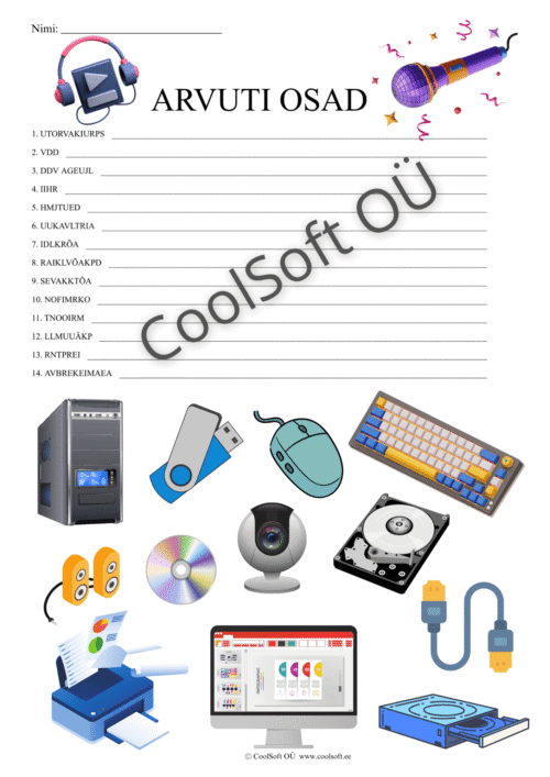 Arvuti osade krüptogrammi tööleht lastele koos arvuti ja lisaseadmete piltidega