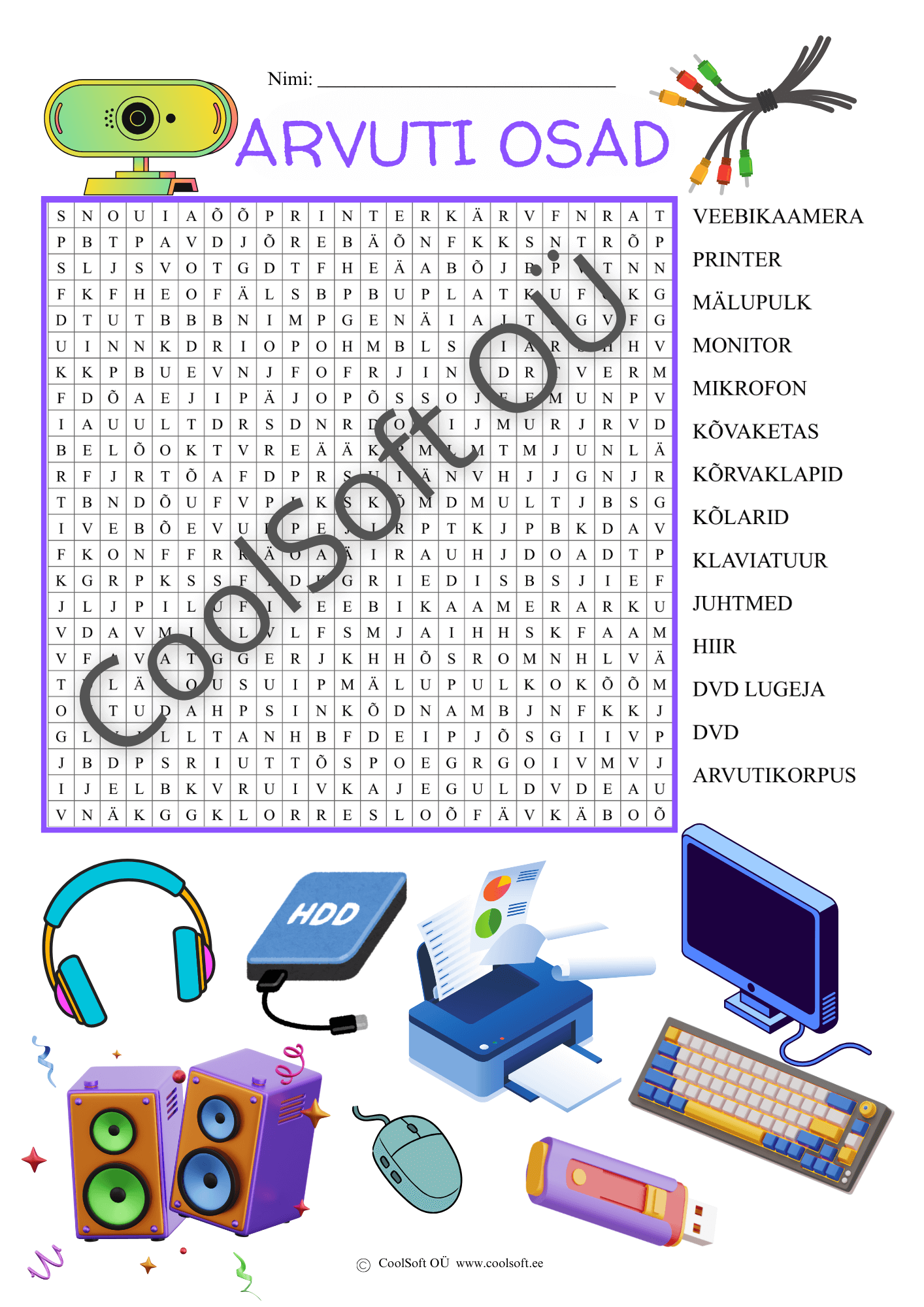 Arvuti-osad-–-sonaotsingu-tooleht-lastele Arvuti osade sõnaotsingu tööleht lastele koos illustratsioonidega