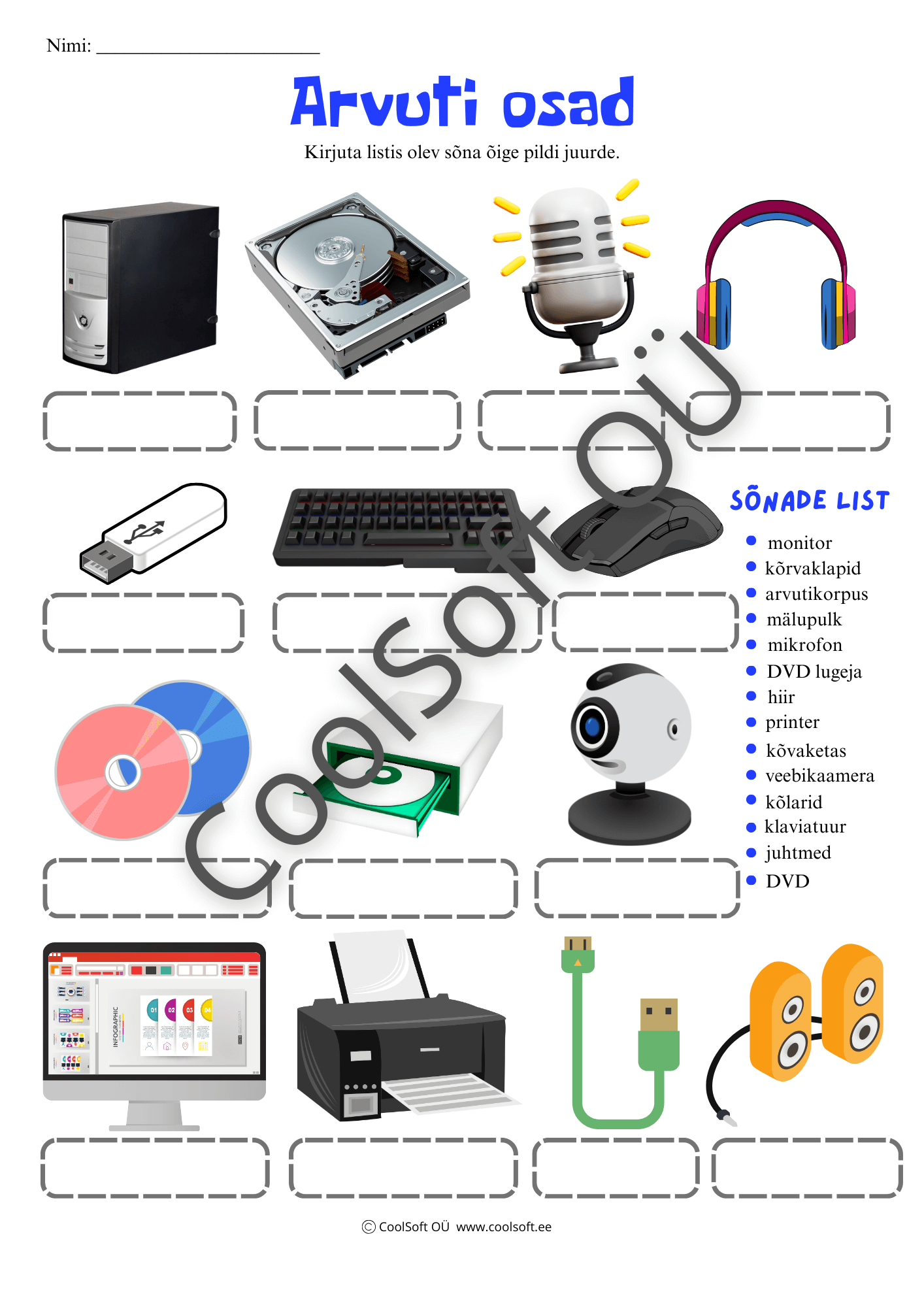 Arvuti-osad-–-tooleht-arvuti-ja-lisaseadmete-oppimiseks Arvuti osade tööleht lastele koos piltide ja sõnadega