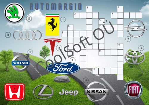 Automarkide ristsõna tööleht koos tuntud autode logodega