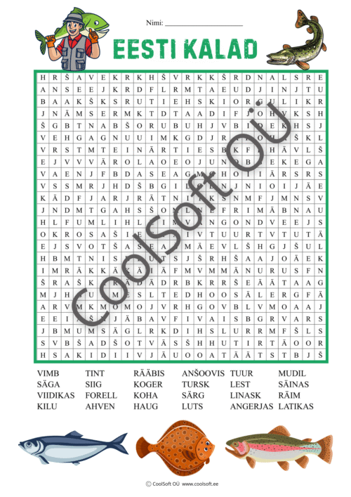 Eesti kalade sõnaotsingu tööleht, kus laps otsib täherägastikust kalade nimetusi.