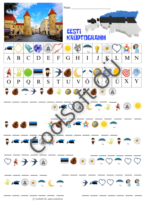 Eesti krüptogrammi tööleht piltide ja tähtedega lastele