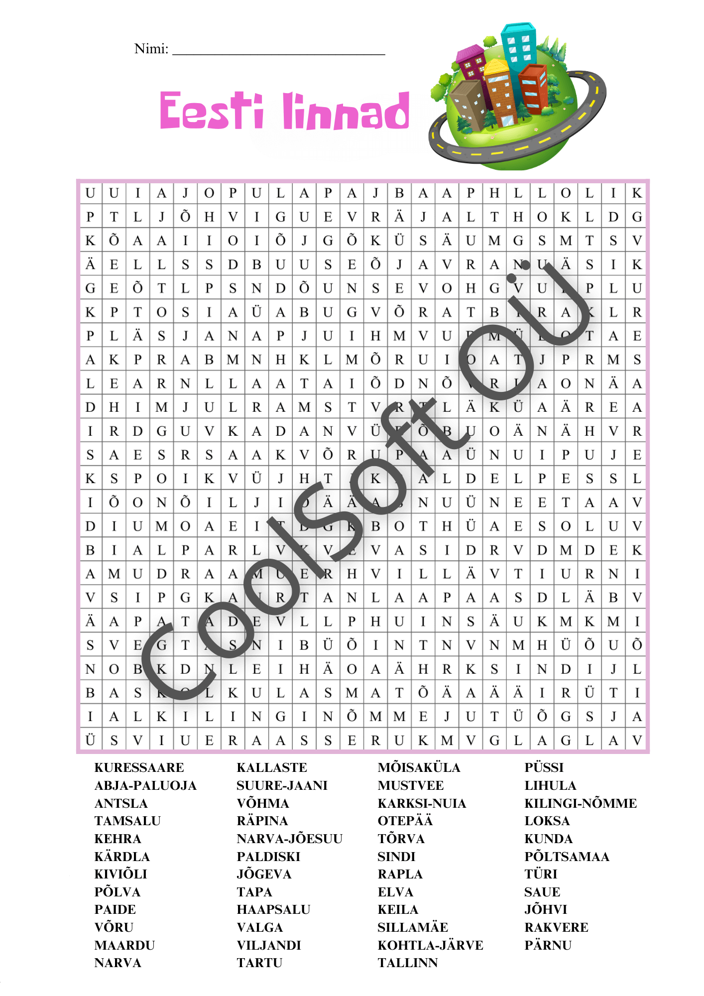Eesti-linnad-–-hariv-sonaotsimise-tooleht-lastele Eesti linnade sõnaotsimise tööleht lastele Eesti linnade nimedega