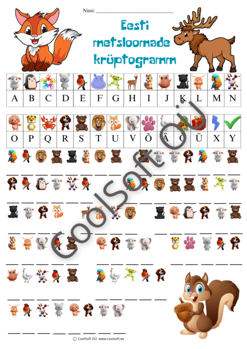 Eesti metsloomade krüptogrammi tööleht lastele metsloomade nimetuste nuputamiseks