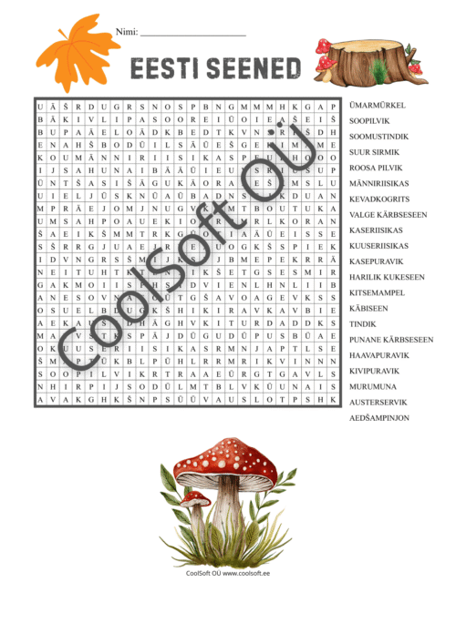 Eesti seente sõnaotsimise tööleht lastele Eesti metsaseente nimedega