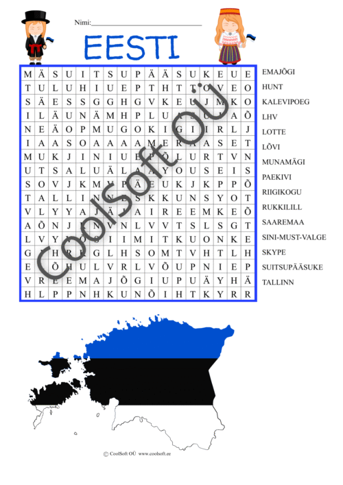 Eesti teemaline sõnaotsingu tööleht lastele Eesti sümbolite ja tuntud nimedega