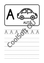 Eesti tähestiku tööleht tähe A õppimiseks koos pildi ja kirjutamisharjutustega