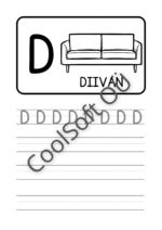 Eesti tähestiku tööleht tähe D õppimiseks koos pildi ja kirjutamisharjutustega