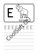 Eesti tähestiku tööleht tähe E õppimiseks koos pildi ja kirjutamisharjutustega
