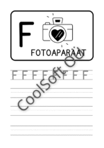 Eesti tähestiku tööleht tähe F õppimiseks koos pildi ja kirjutamisharjutustega