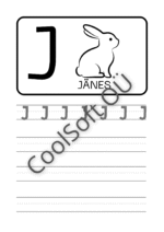 Eesti tähestiku tööleht tähe J õppimiseks koos pildi ja kirjutamisharjutustega
