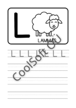 Eesti tähestiku tööleht tähe L õppimiseks koos pildi ja kirjutamisharjutustega