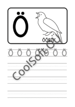 Eesti tähestiku tööleht tähe Ö õppimiseks koos pildi ja kirjutamisharjutustega
