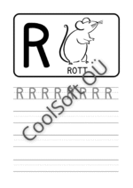 Eesti tähestiku tööleht tähe R õppimiseks koos pildi ja kirjutamisharjutustega