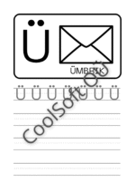 Eesti tähestiku tööleht tähe Ü õppimiseks koos pildi ja kirjutamisharjutustega