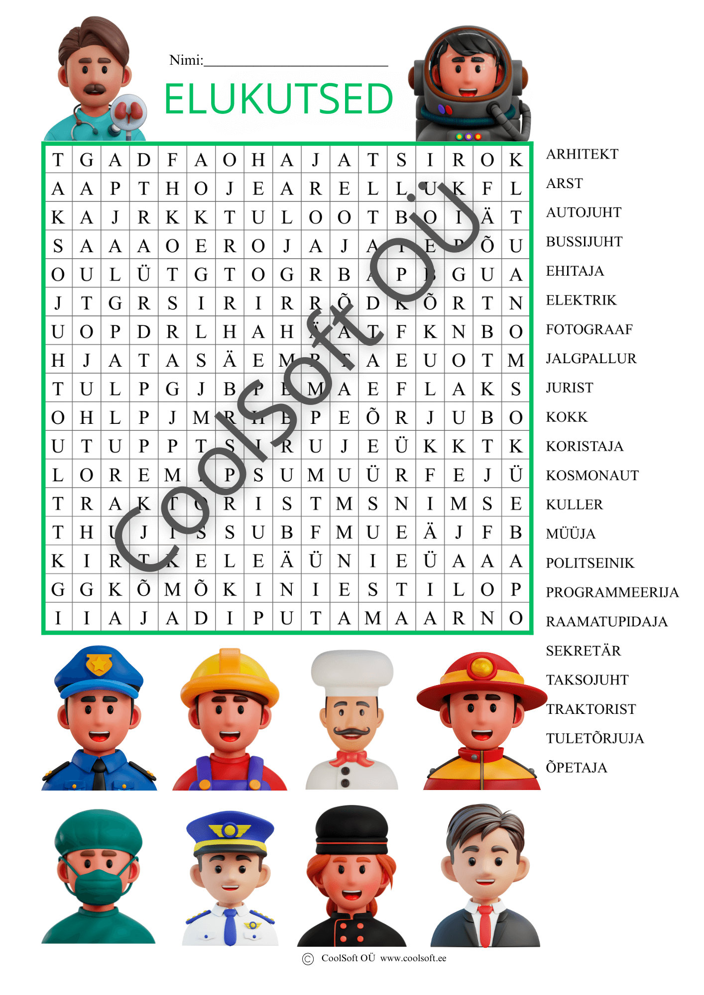 Elukutsed-–-sonaotsingu-tooleht-lastele Elukutsed – sõnaotsingu tööleht lastele
