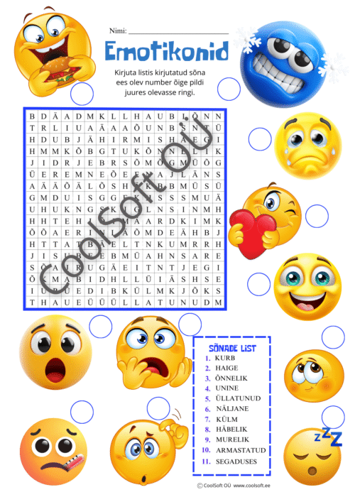 Laste tööleht „Emotikonid“, kus tuleb sõnaotsingus leitud emotsioonid ühendada vastavate emotikonidega.