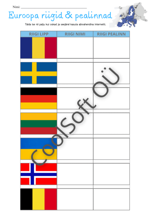 Euroopa riigid ja pealinnad – hariv tööleht lastele
