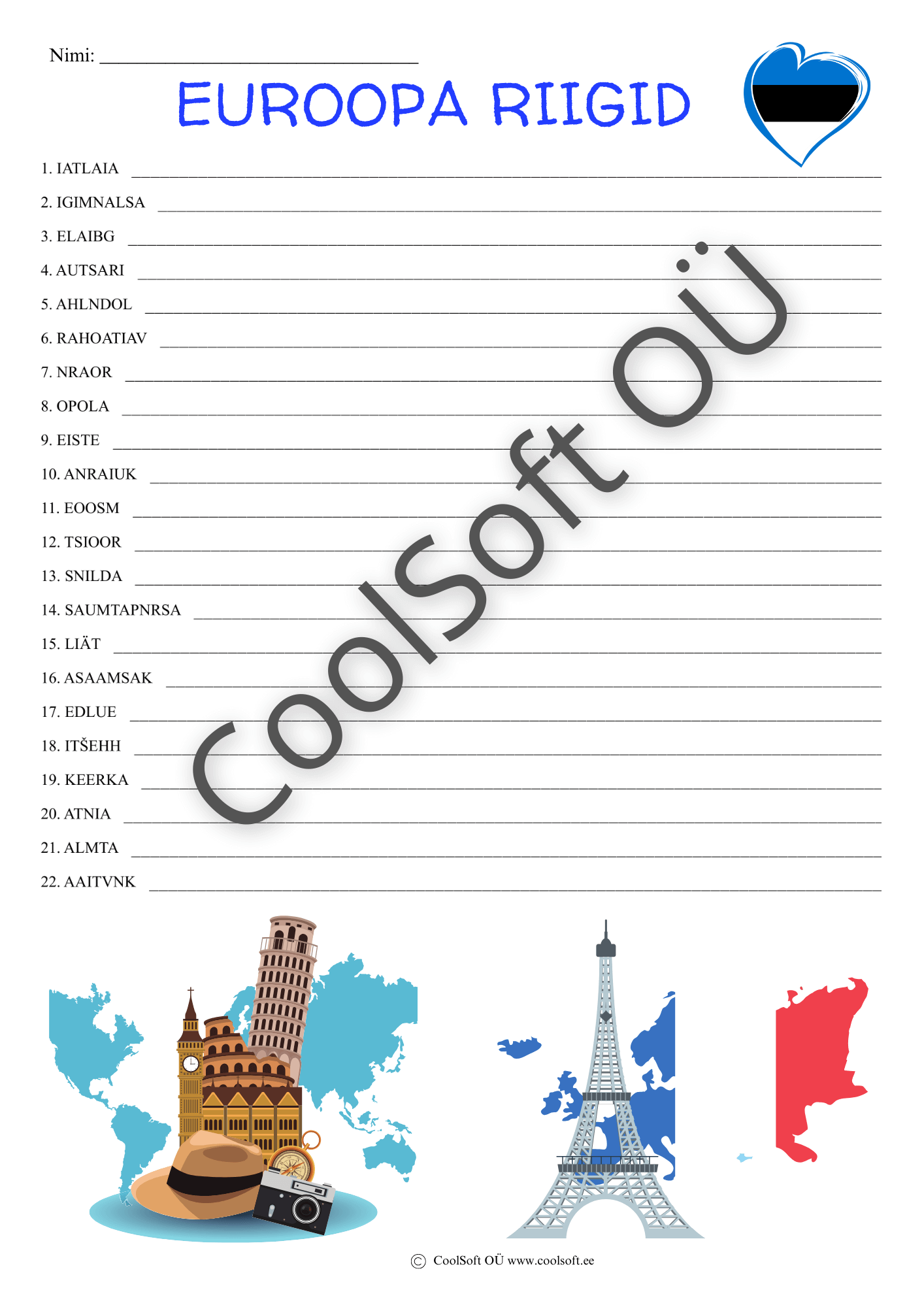 Euroopa-riigid-–-tahekruptogrammi-tooleht Euroopa riikide tööleht tähekrüptogrammiga lastele