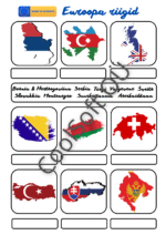 Euroopa riikide tööleht, kus laps seostab riigi kaardi kuju ja lipu riigi nimega