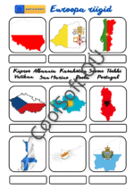 Euroopa riikide tööleht, kus laps seostab riigi kaardi kuju ja lipu riigi nimega