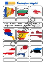 Euroopa riikide tööleht, kus laps seostab riigi kaardi kuju ja lipu riigi nimega