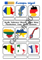 Euroopa riikide tööleht, kus laps seostab riigi kaardi kuju ja lipu riigi nimega