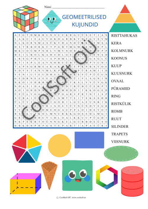 Geomeetriliste kujundite teemaline sõnaotsingu tööleht, kus lapsed otsivad ruudustikust erinevate kujundite nimetusi.