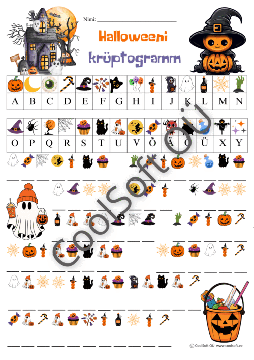 Halloweeni krüptogrammi tööleht, kus laps lahendab piltide ja tähtede abil salajasi sõnu.