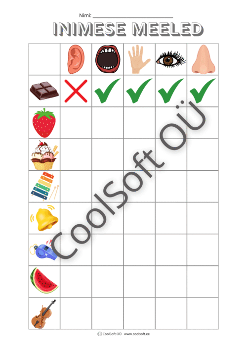 Inimese meeled tööleht lastele, kus piltide abil märgitakse, millise meelega tajutakse erinevaid esemeid
