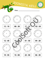 Laste tööleht „Joonista kell“, kus laps joonistab analoogkellale osutid vastavalt antud digitaalsele kellaajale