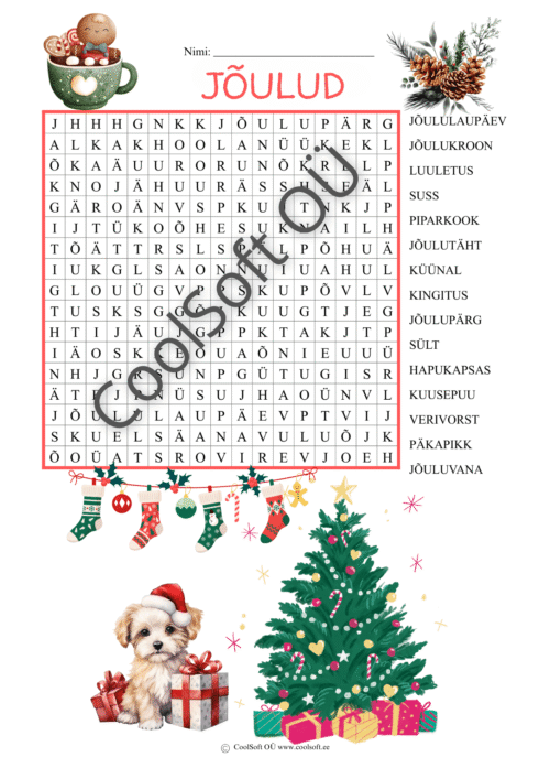Jõuluteemaline sõnaotsingu tööleht lastele koos kuuse, kingituste ja jõuluillustratsioonidega