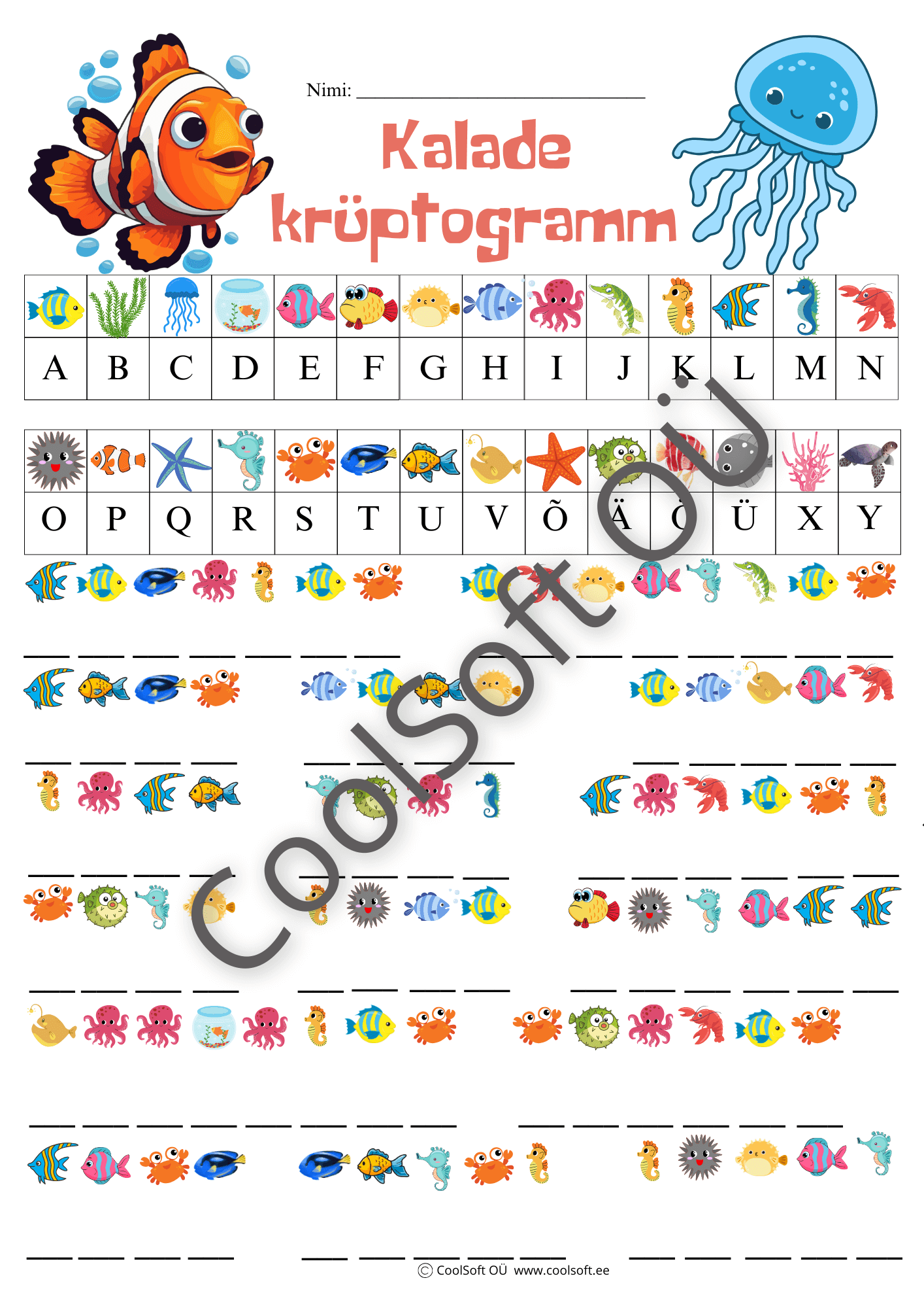 Kalade-kruptogramm-–-loogiline-tooleht-lastele Kalade krüptogrammi tööleht, kus laps lahendab piltide abil kalateemalisi krüptogramme.