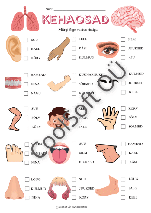 Laste tööleht „Kehaosad“, kus tuleb pildi järgi valida ja märkida õige kehaosa nimetus.