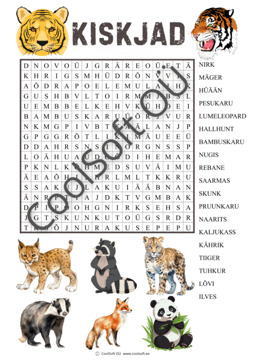 Kiskjate teemaline sõnaotsingu tööleht, kus lapsed otsivad täherägastikust loomade nimetusi