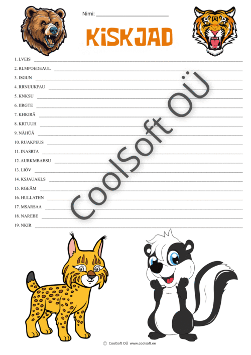 Kiskjate tööleht, kus lapsed moodustavad segamini tähtedest loomade nimed