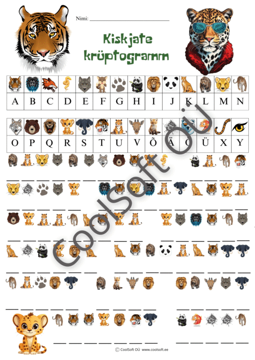 Kiskjate krüptogrammi tööleht, kus lapsed lahendavad loomapiltidega krüptogramme