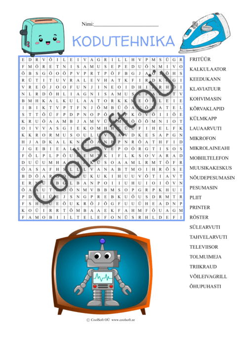 Kodutehnika teemaline sõnaotsingu tööleht, kus lapsed otsivad ruudustikust erinevate kodumasinate nimetusi.