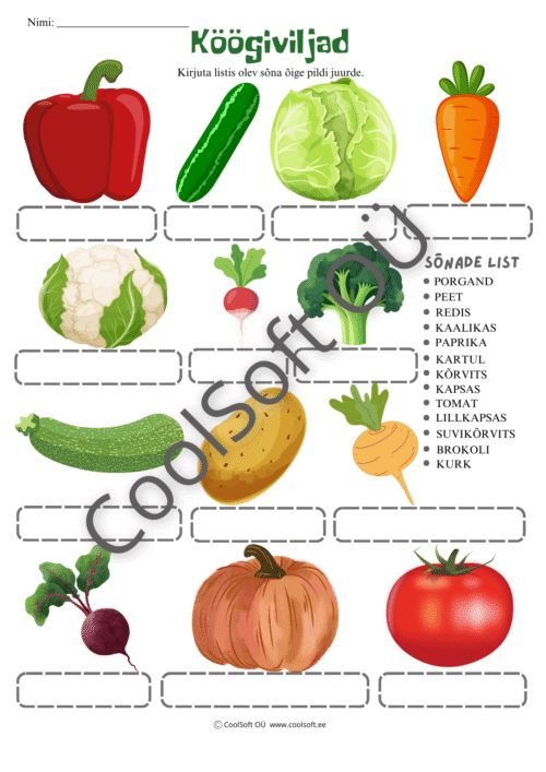 Köögiviljade piltidega tööleht, kus laps kirjutab õiged nimetused piltide alla vastavalt sõnade loendile..