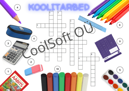 Koolitarvete ristsõna tööleht koos piltidega