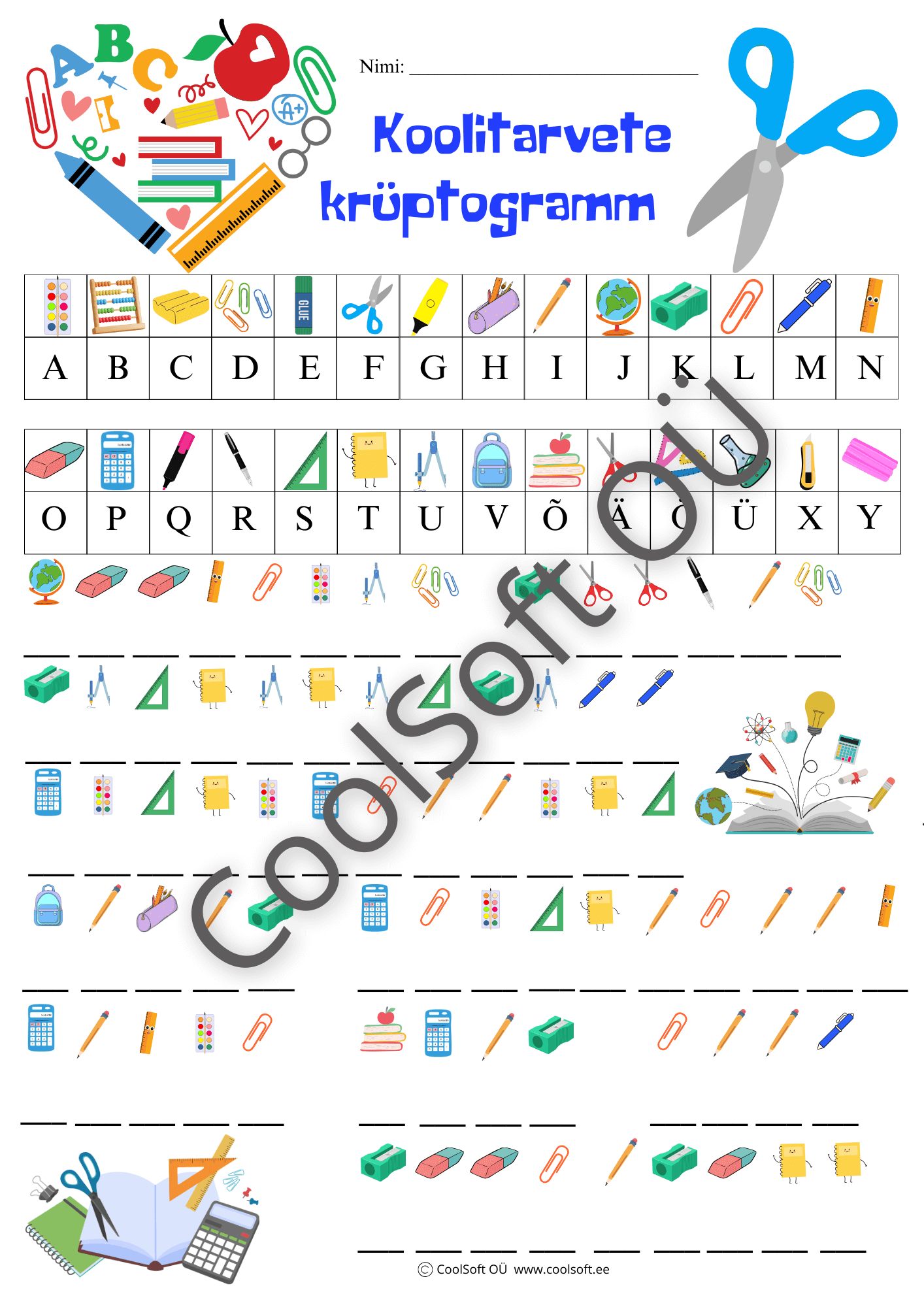 Koolitarvete-kruptogramm-–-opi-koolitarbeid-mangides Koolitarvete krüptogrammi tööleht, kus laps kirjutab koolitarvete nimetused piltide ja tähtede abil.