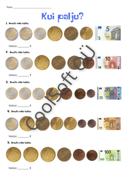 Raha arvutamise tööleht, kus laps liidab eurosente ja eurosid