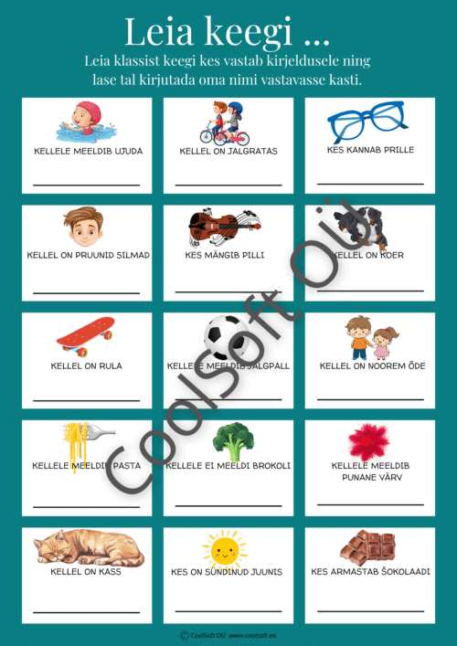 Leia keegi tööleht, kus lapsed otsivad klassist kaaslasi vastavalt pildil olevatele kirjeldustele ja kirjutavad nimed lahtritesse.