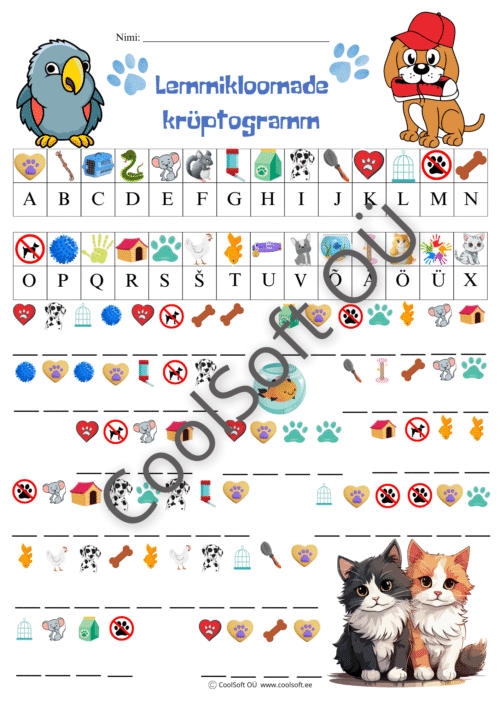 Lemmikloomade krüptogrammi tööleht lastele koerte, kasside ja teiste lemmikloomade piltidega