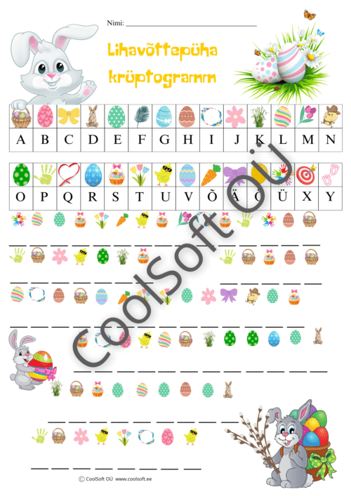 Lihavõttepüha krüptogrammi tööleht lastele jäneste ja lihavõttemunade illustratsioonidega