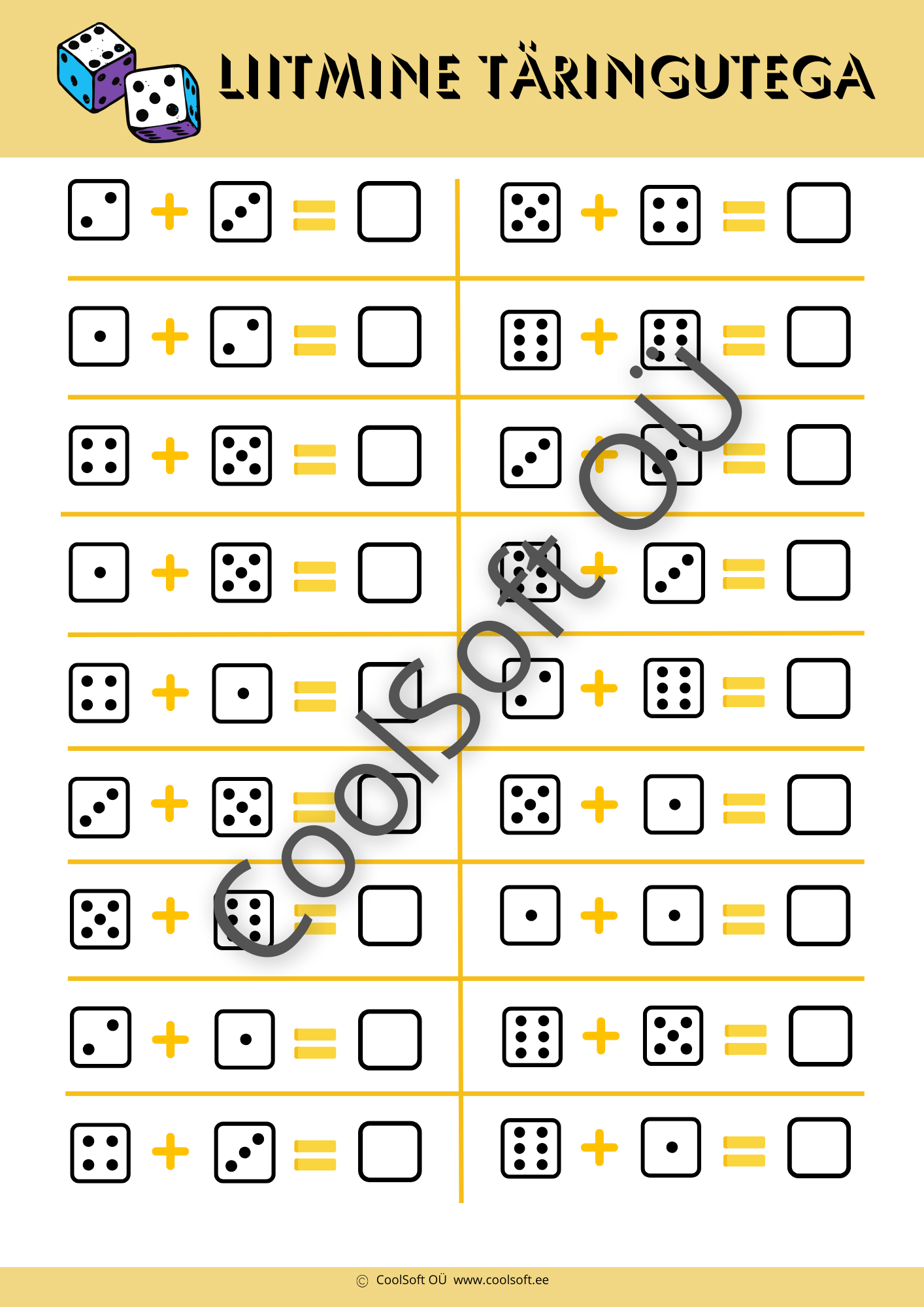 Liitmine-taringutega-–-matemaatika-tooleht-lastele-lk-1 Liitmise tööleht täringutega – matemaatika ülesanded lastele, 2-leheküljeline tööleht