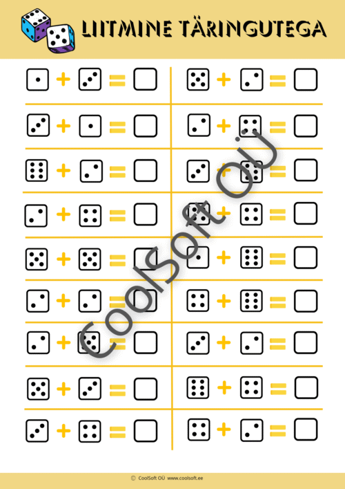 Liitmine täringutega – matemaatika tööleht lastele