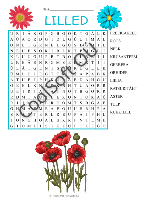Lillede teemaline sõnaotsingu tööleht lastele koos illustratsioonidega