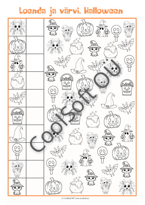 Halloweeni teemaline loenda ja värvi tööleht erinevate tegelaste ja sümbolitega.